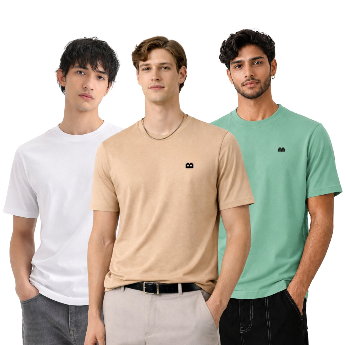 Boxy Crew Men 100% Cotton Regular Fit Round Neck Half Sleeve Solid T-Shirt Combo Pack of 3 | Beige + White Accent product view 2