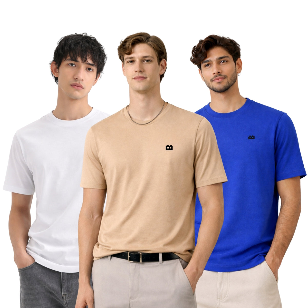 Boxy Crew Men 100% Cotton Regular Fit Round Neck Half Sleeve Solid T-Shirt Combo Pack of 3 | Beige + Navy Blue Accent product view 3