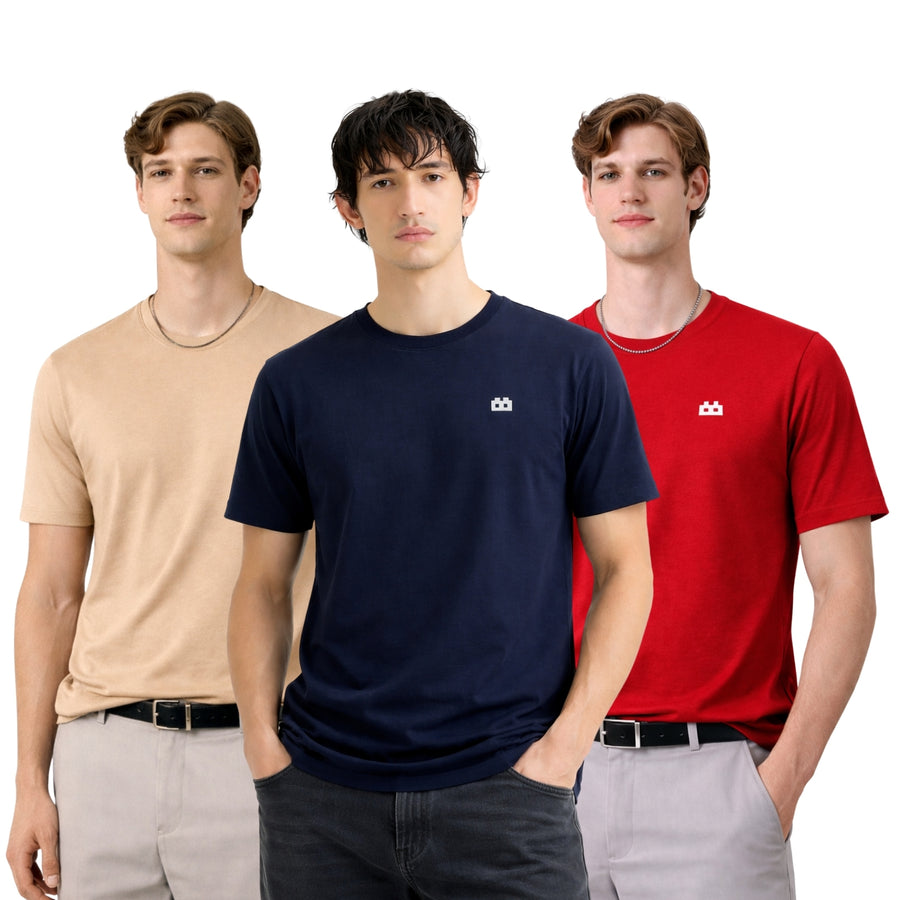 Boxy Crew Men 100% Cotton Regular Fit Round Neck Half Sleeve Solid T-Shirt Combo Pack of 3 | Beige + Navy Blue Accent product view 3