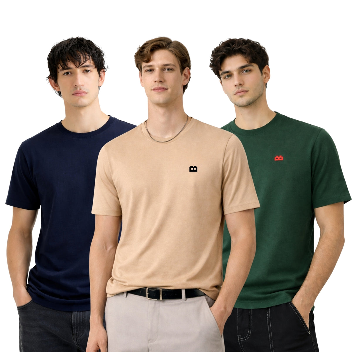 Boxy Crew Men 100% Cotton Regular Fit Round Neck Half Sleeve Solid T-Shirt Combo Pack of 3 | Beige + Navy Blue Accent product view 3