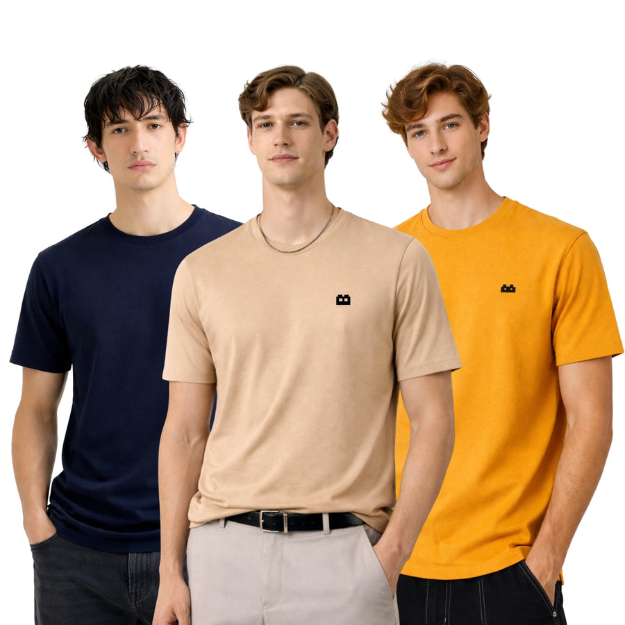 Boxy Crew Men 100% Cotton Regular Fit Round Neck Half Sleeve Solid T-Shirt Combo Pack of 3 | Beige + Navy Blue Accent product view 3