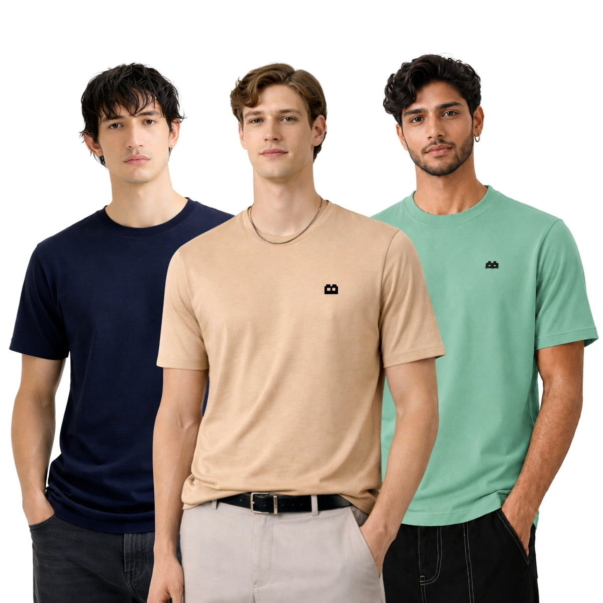 Boxy Crew Men 100% Cotton Regular Fit Round Neck Half Sleeve Solid T-Shirt Combo Pack of 3 | Beige + Navy Blue Accent product view 2