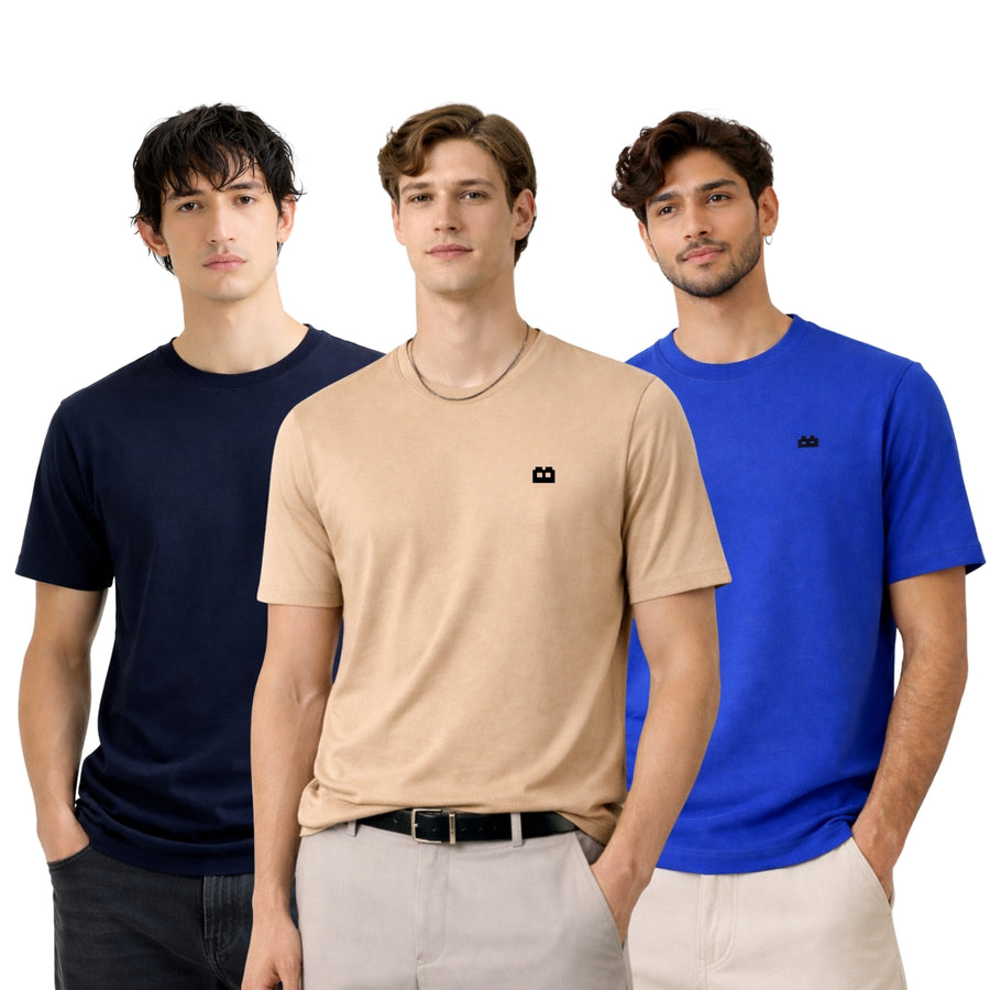 Boxy Crew Men 100% Cotton Regular Fit Round Neck Half Sleeve Solid T-Shirt Combo Pack of 3 | Beige + Navy Blue Accent product view 3