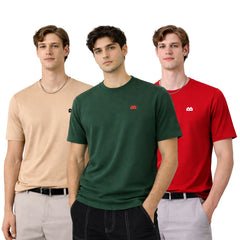 Boxy Crew Men 100% Cotton Regular Fit Round Neck Half Sleeve Solid T-Shirt Combo Pack of 3 | Beige + Navy Blue Accent product view 3
