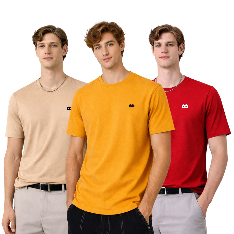 Boxy Crew Men 100% Cotton Regular Fit Round Neck Half Sleeve Solid T-Shirt Combo Pack of 3 | Beige + Navy Blue Accent product view 3