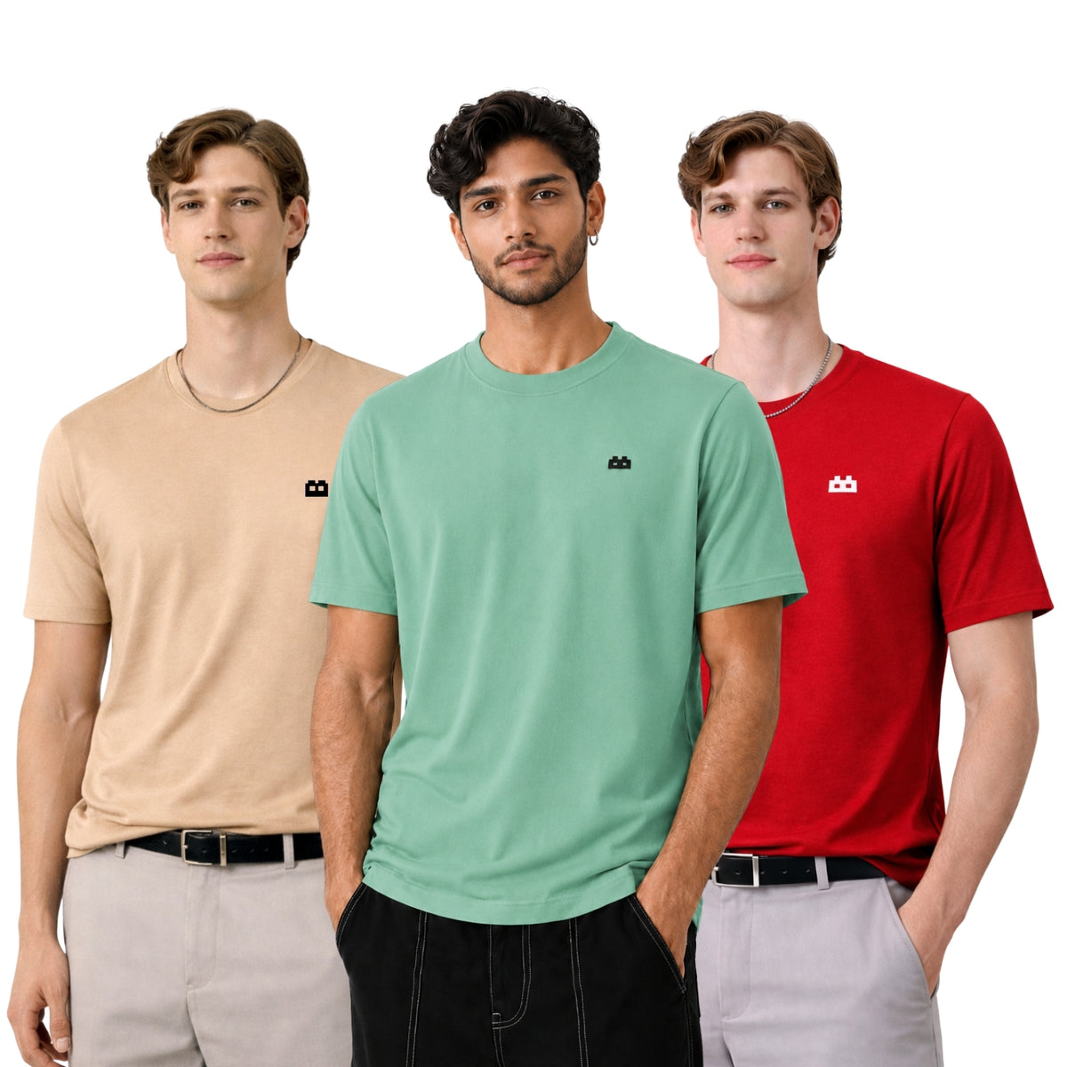 Boxy Crew Men 100% Cotton Regular Fit Round Neck Half Sleeve Solid T-Shirt Combo Pack of 3 | Beige + Maroon Accent product view 2