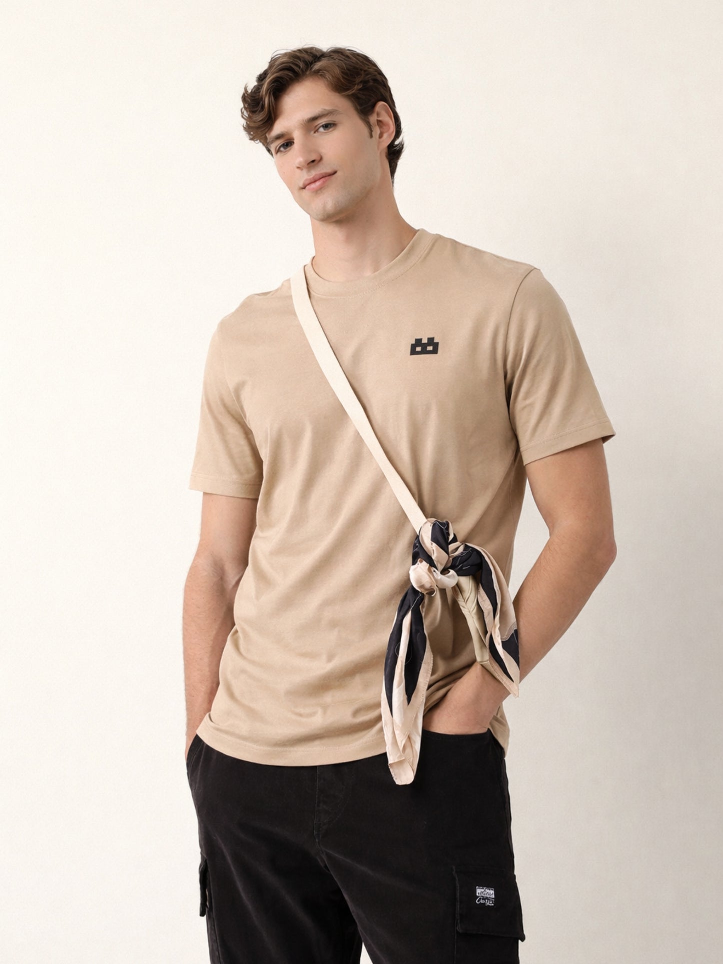 Boxy Crew Men's 100% Cotton Regular Fit Solid Round Neck T-Shirt | Double Bio-Washed | Half Sleeve Casual Plain Tee | 180 GSM Breathable Soft Touch Everyday Wear | Beige | Made in India – product image 2