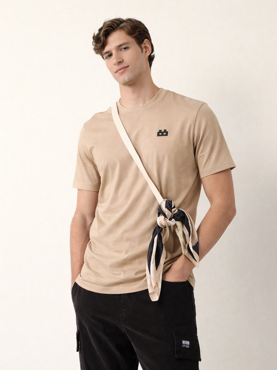 Boxy Crew Men's 100% Cotton Regular Fit Solid Round Neck T-Shirt | Double Bio-Washed | Half Sleeve Casual Plain Tee | 180 GSM Breathable Soft Touch Everyday Wear | Beige | Made in India – product image 2