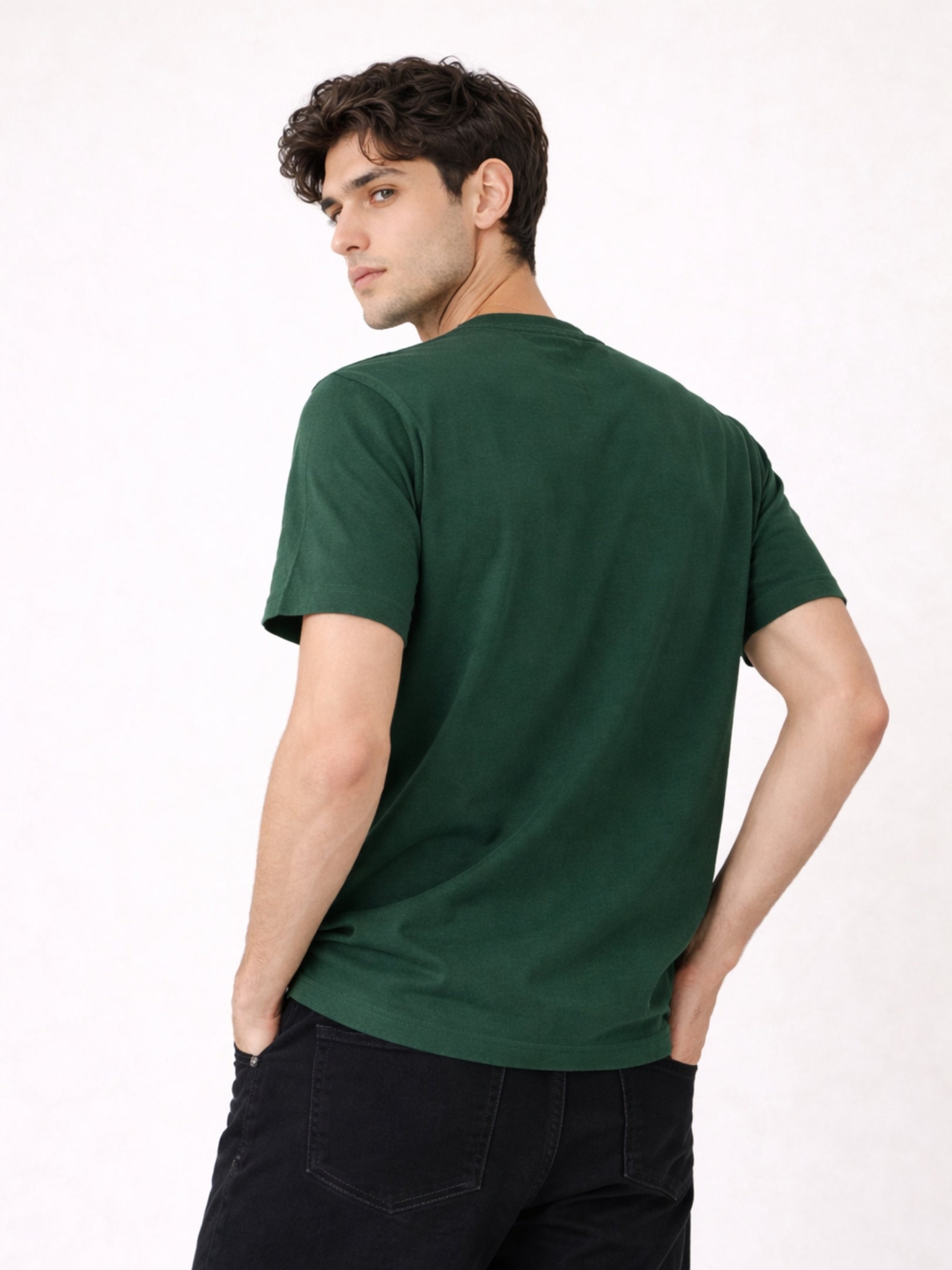Boxy Crew Men's 100% Cotton Regular Fit Solid Round Neck T-Shirt | Double Bio-Washed | Half Sleeve Casual Plain Tee | 180 GSM Breathable Soft Touch Everyday Wear | Green | Made in India – product image 7